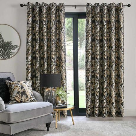 Laurence Llewelyn-Bowen Paradise Palm Ready Made Eyelet Curtains - Black