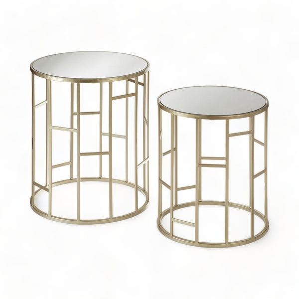 Set of 2 Asymmetric Iron Side Tables with Mirrored Glass Top