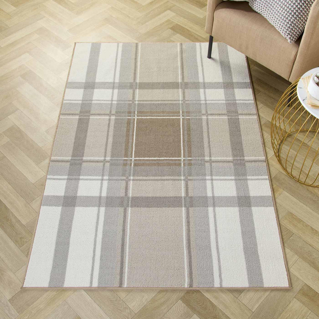 Balmoral Check Washable Rug Beige 120cm x 180cm