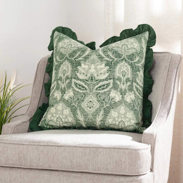Kirkton Floral Pleat Fringe Cushion Cover Bottle Green