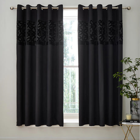 Catherine Lansfield Lattice Cut Velvet Eyelet Curtains - Black