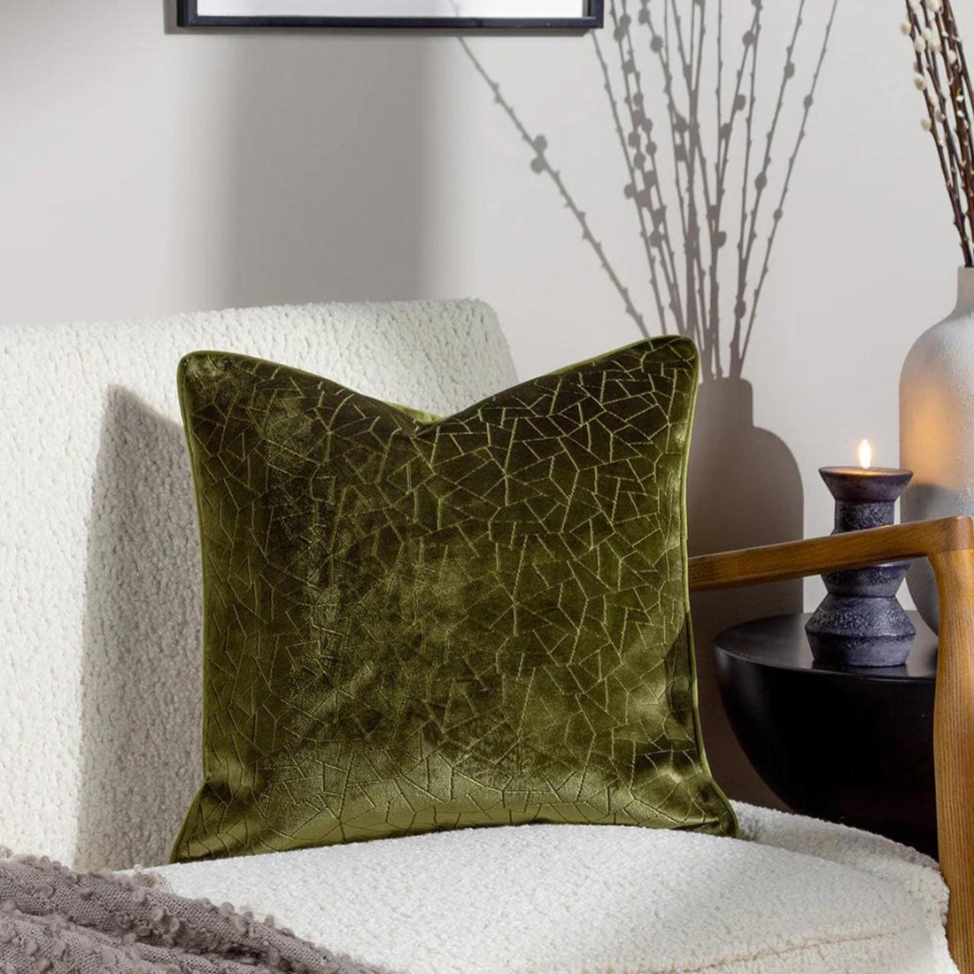 Malans Cut Velvet Olive Cushion Cover 45cm x 45cm