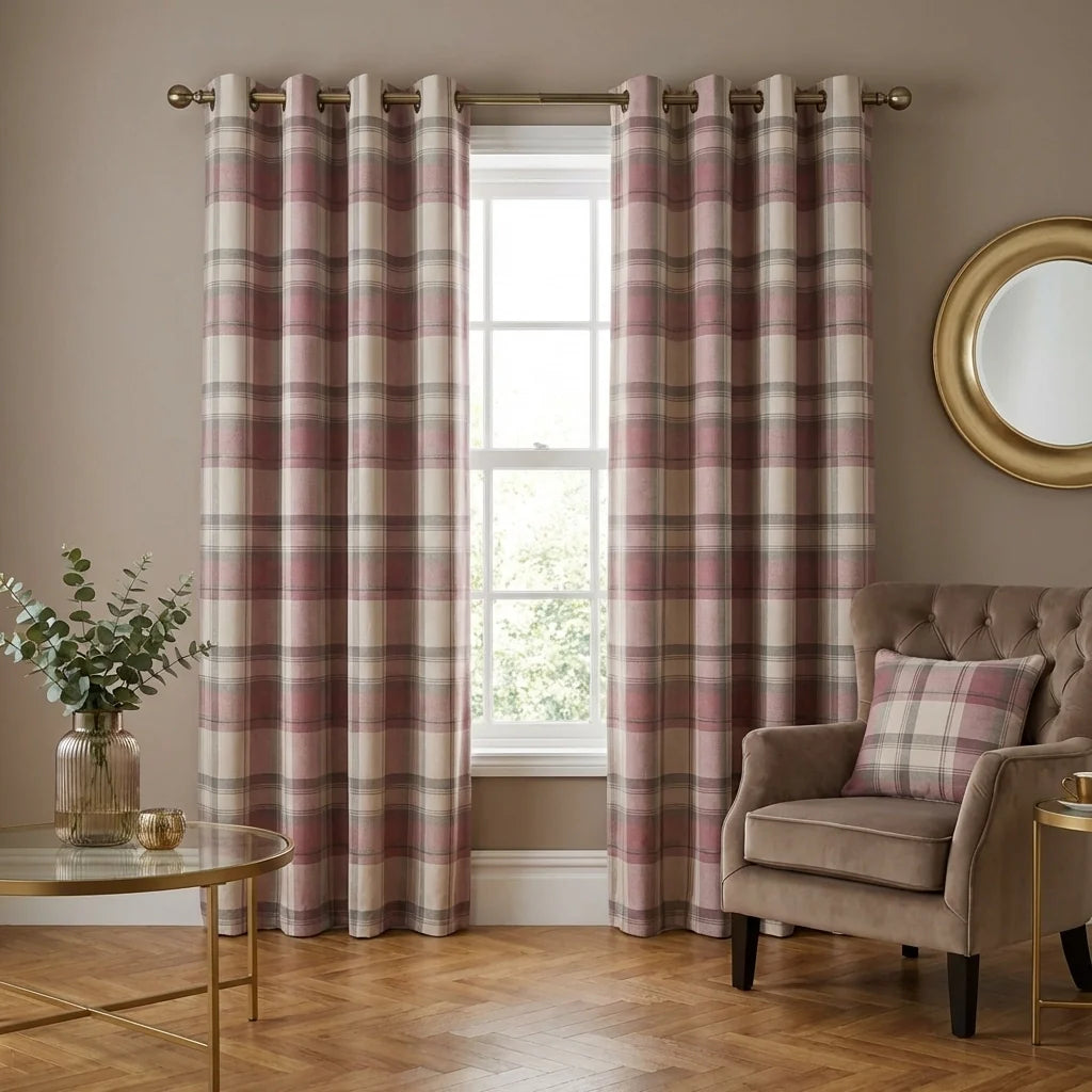 Balmoral Tartan Check Blush 100% Cotton Eyelet Curtains