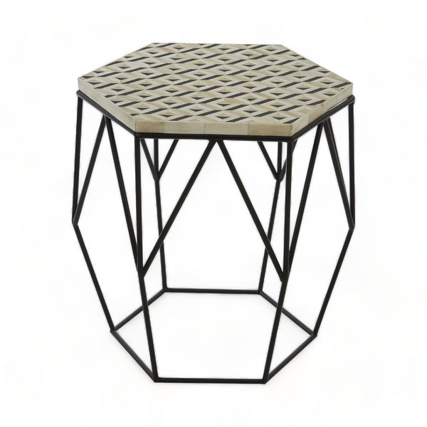 Black Finish Iron Wireframe and Resin Hexagonal Side Table