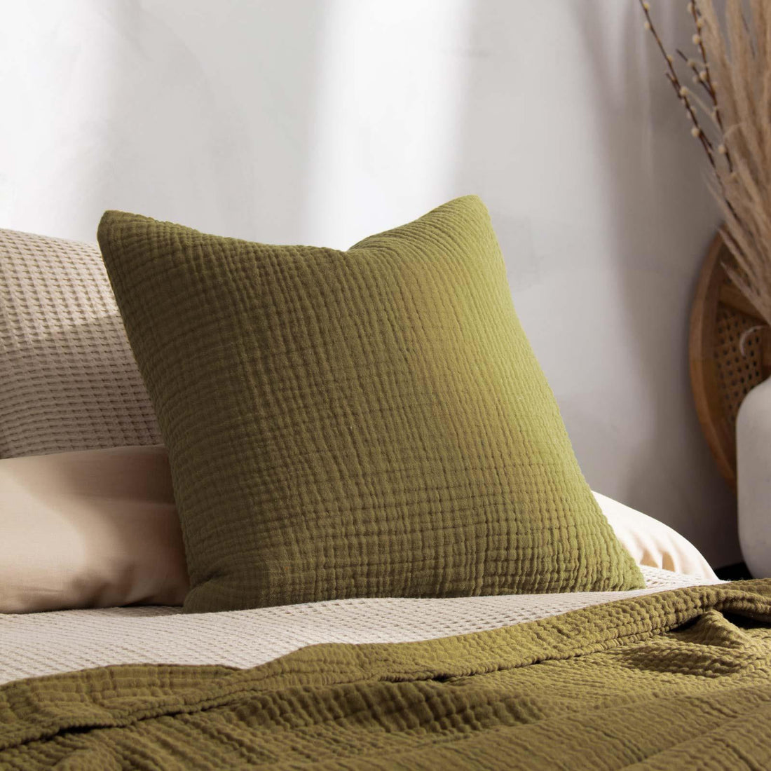 Lark Muslin Crinkle 100% Cotton Khaki Cushion Cover 45cm x 45cm