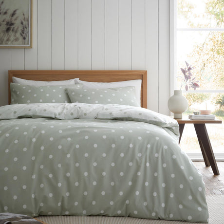 Catherine Lansfield Brushed Polka Dot Cotton Flannelette Duvet Cover Set - Green