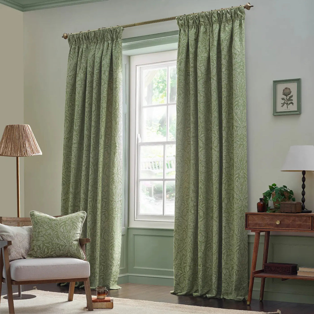 Acorn Tonal Sage Thermal Dimout Pencil Pleat Curtains