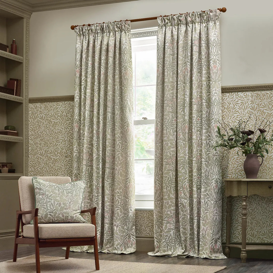 Acorn Stone / Sage Thermal Dimout Pencil Pleat Curtains