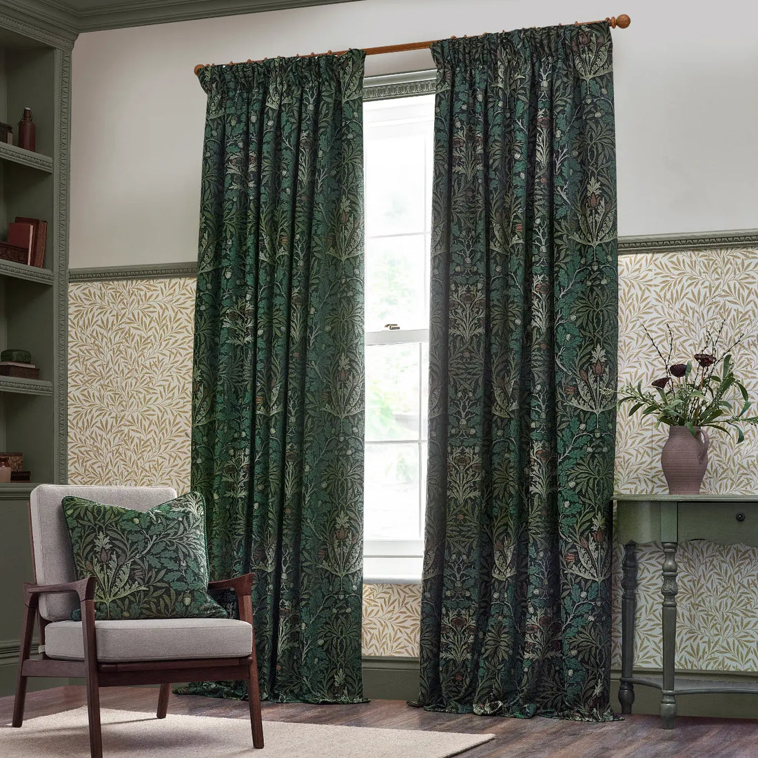 Acorn Thyme / Forest Thermal Dimout Pencil Pleat Curtains