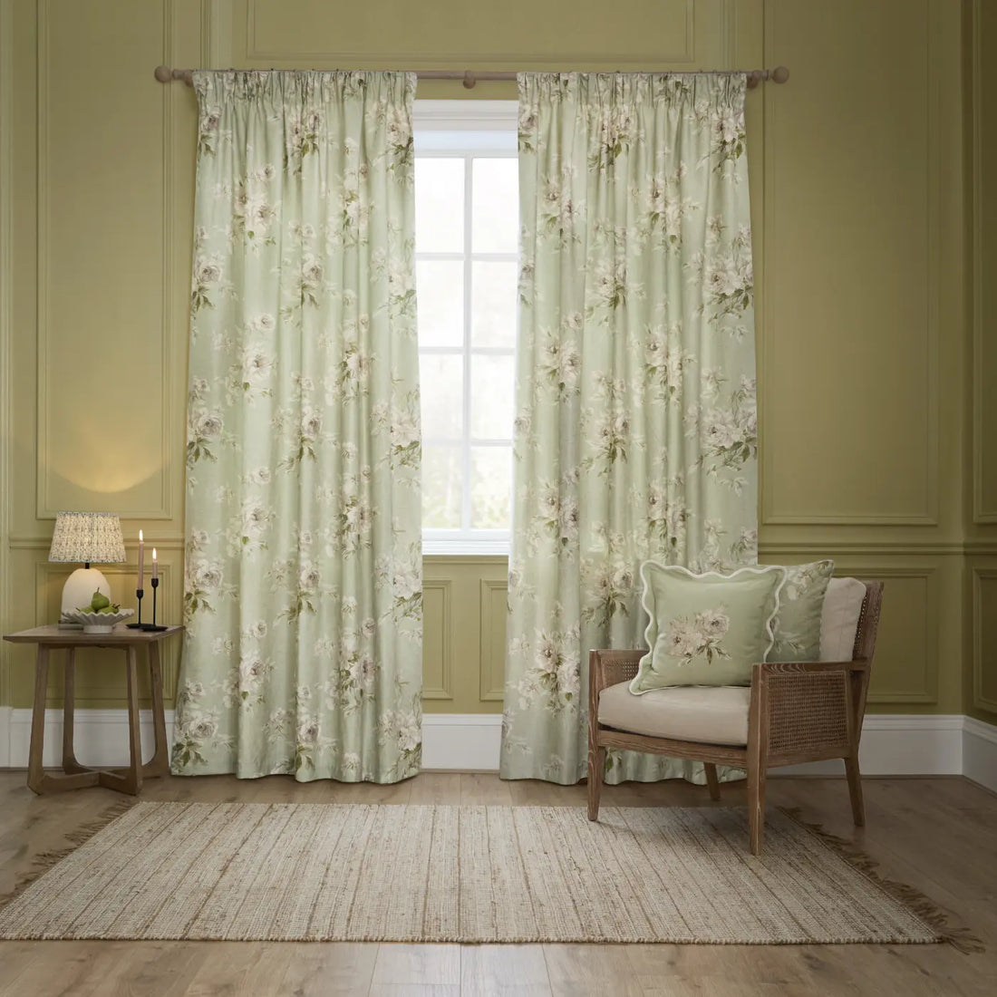 Adele Lined Sage Thermal Dimout Pencil Pleat Curtains