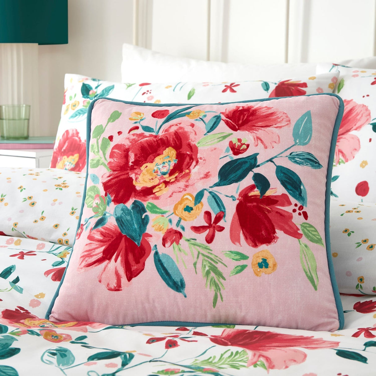 Design Abstract Poppy Red Floral Print Filled Cushion