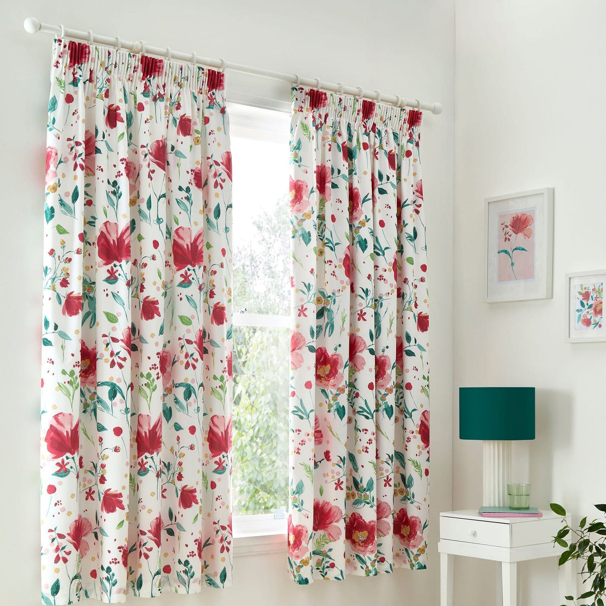 Abstract Poppy Red Floral Pencil Pleat Curtains 66" x 72" Light Filtering Polycotton