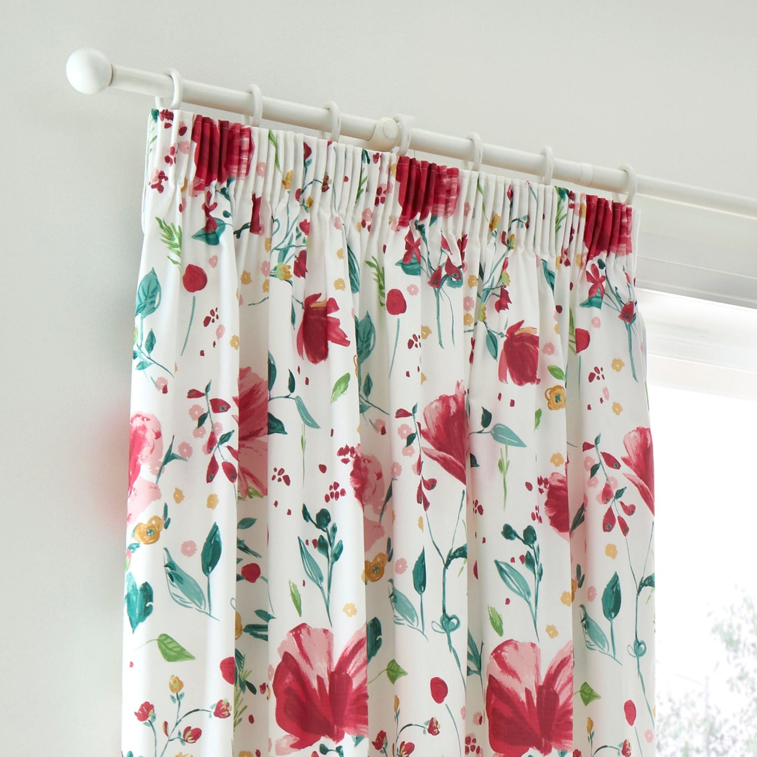 Abstract Poppy Red Floral Pencil Pleat Curtains 66" x 72" Light Filtering Polycotton - Abstract Poppy Pair Of Pencil Pleat Curtains In Red 2