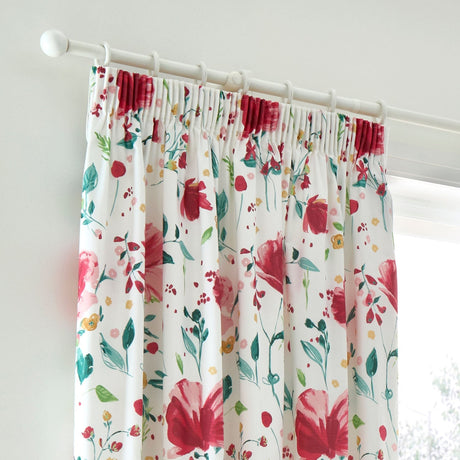 Abstract Poppy Red Floral Pencil Pleat Curtains 66" x 72" Light Filtering Polycotton - Abstract Poppy Pair Of Pencil Pleat Curtains In Red 2