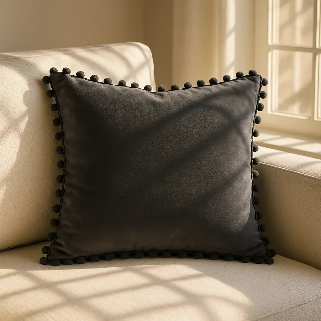 Poms Velvet Charcoal Cushion Cover 43cm x 43cm ( 43cm x 43cm )