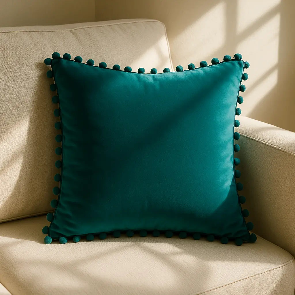 Poms Velvet Teal Cushion Cover 43cm x 43cm ( 43cm x 43cm )