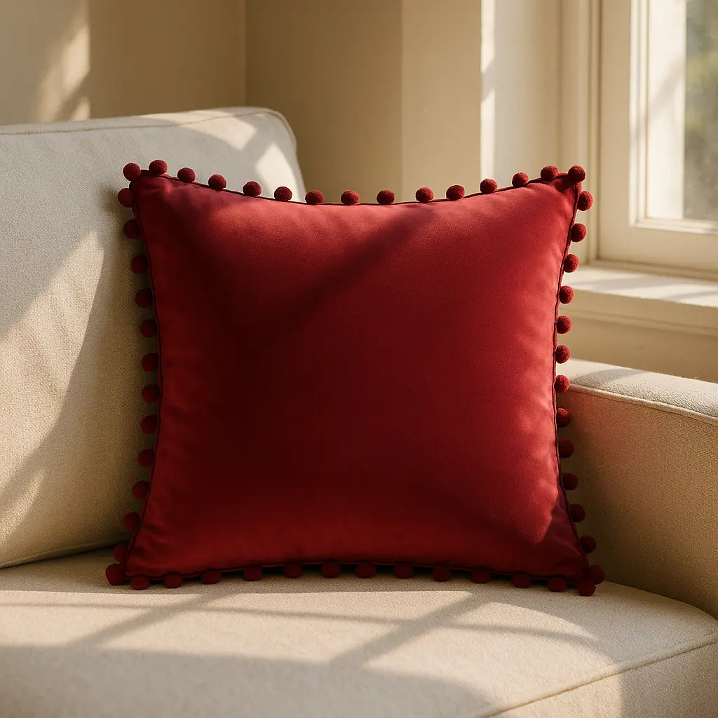 Poms Velvet Burgundy Cushion Cover 43cm x 43cm ( 43cm x 43cm )