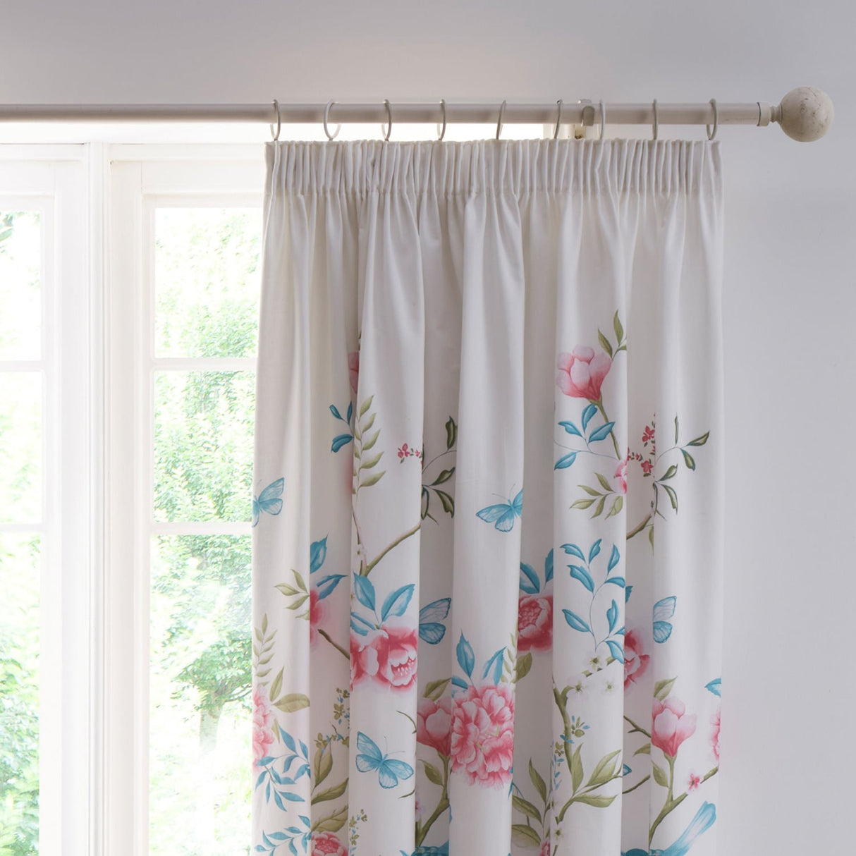 Amelle Floral Pencil Pleat Curtains - Blue Light Filtering Polycotton - Amelle Pencil Pleat Curtains In Blue 2