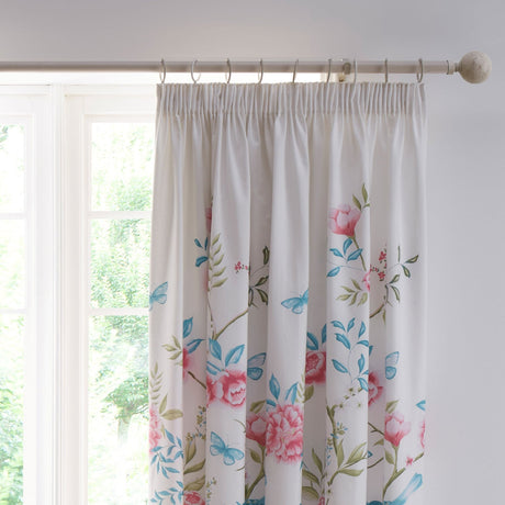 Amelle Floral Pencil Pleat Curtains - Blue Light Filtering Polycotton - Amelle Pencil Pleat Curtains In Blue 2