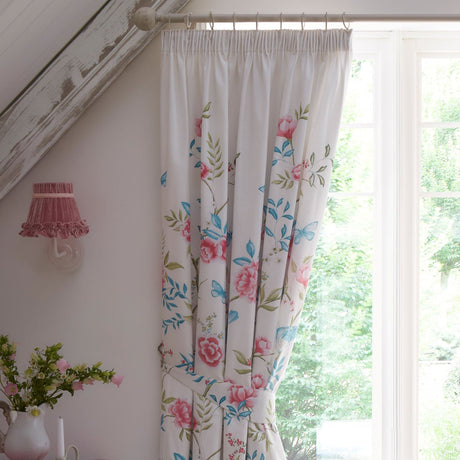 Amelle Floral Pencil Pleat Curtains - Blue Light Filtering Polycotton - Amelle Pencil Pleat Curtains In Blue 4