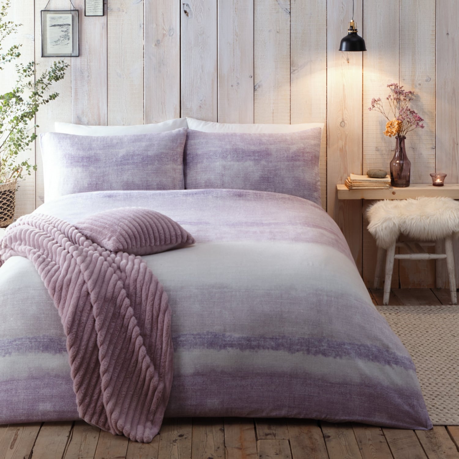 Anson Stripe Flannelette Brushed Cotton Duvet Cover Set - Purple