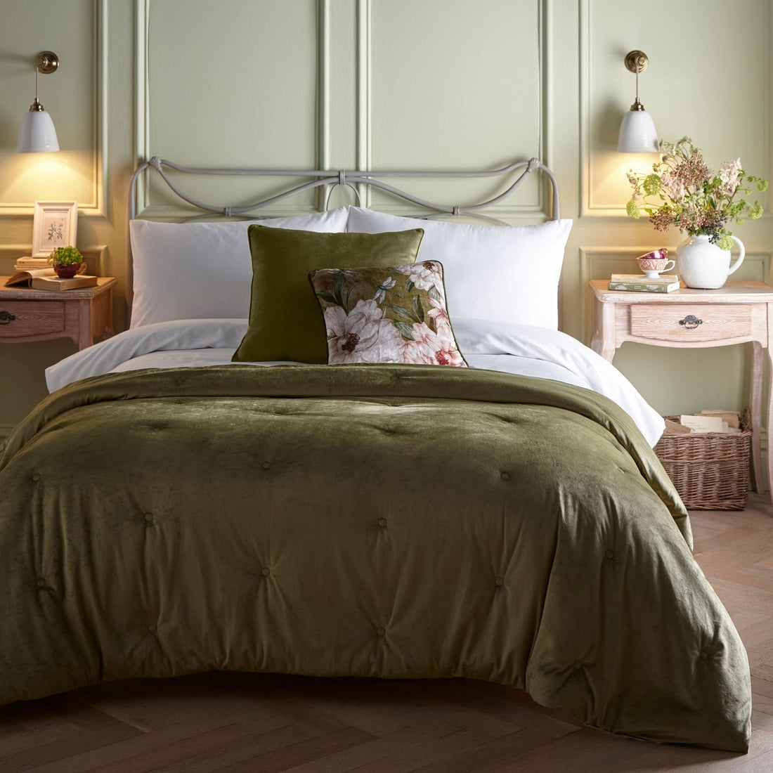 Austell Floral Velvet Bedspread 150cm x 220cm - Olive