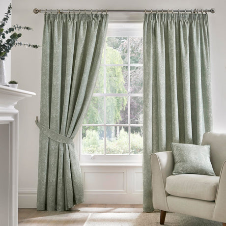 Aveline Floral Pencil Pleat Curtains - Green Thermal Light Filtering