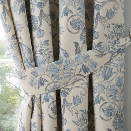 Averie Blue Floral 100% Cotton Pencil Pleat Curtains Light Filtering Printed
