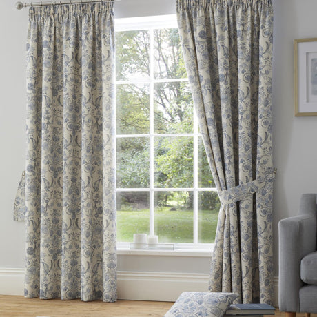 Averie Blue Floral 100% Cotton Pencil Pleat Curtains Light Filtering Printed - Averie Pencil Pleat Curtains In Blue 2