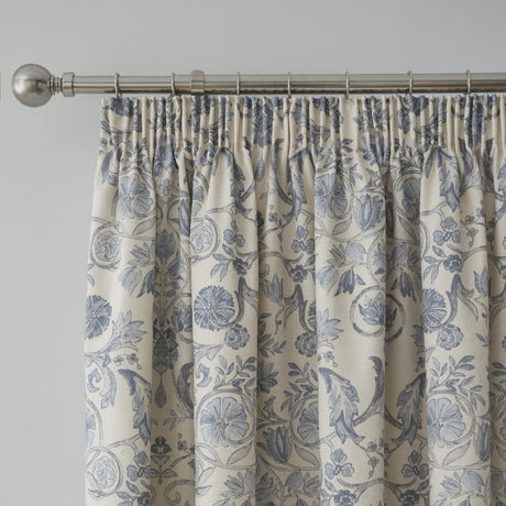 Averie Blue Floral 100% Cotton Pencil Pleat Curtains Light Filtering Printed - Averie Pencil Pleat Curtains In Blue 3