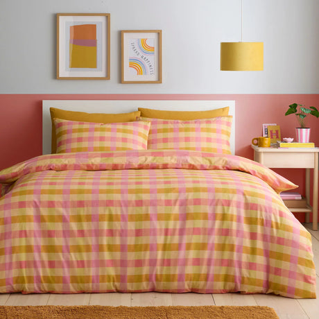 Block Check Blue Cotton Blend Duvet Cover Set - Orange