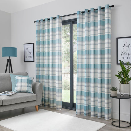 Balmoral Tartan Check Eyelet Curtains - Duck Egg Light Filtering
