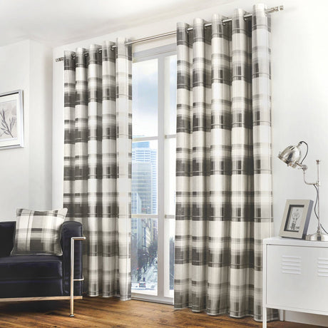 Balmoral Tartan Check Eyelet Curtains - Slate Light Filtering