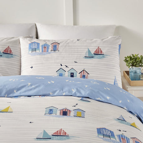 Beach Huts Polycotton Duvet Cover Set - Blue - Beach Huts Duvet Cover Set In Blue 3