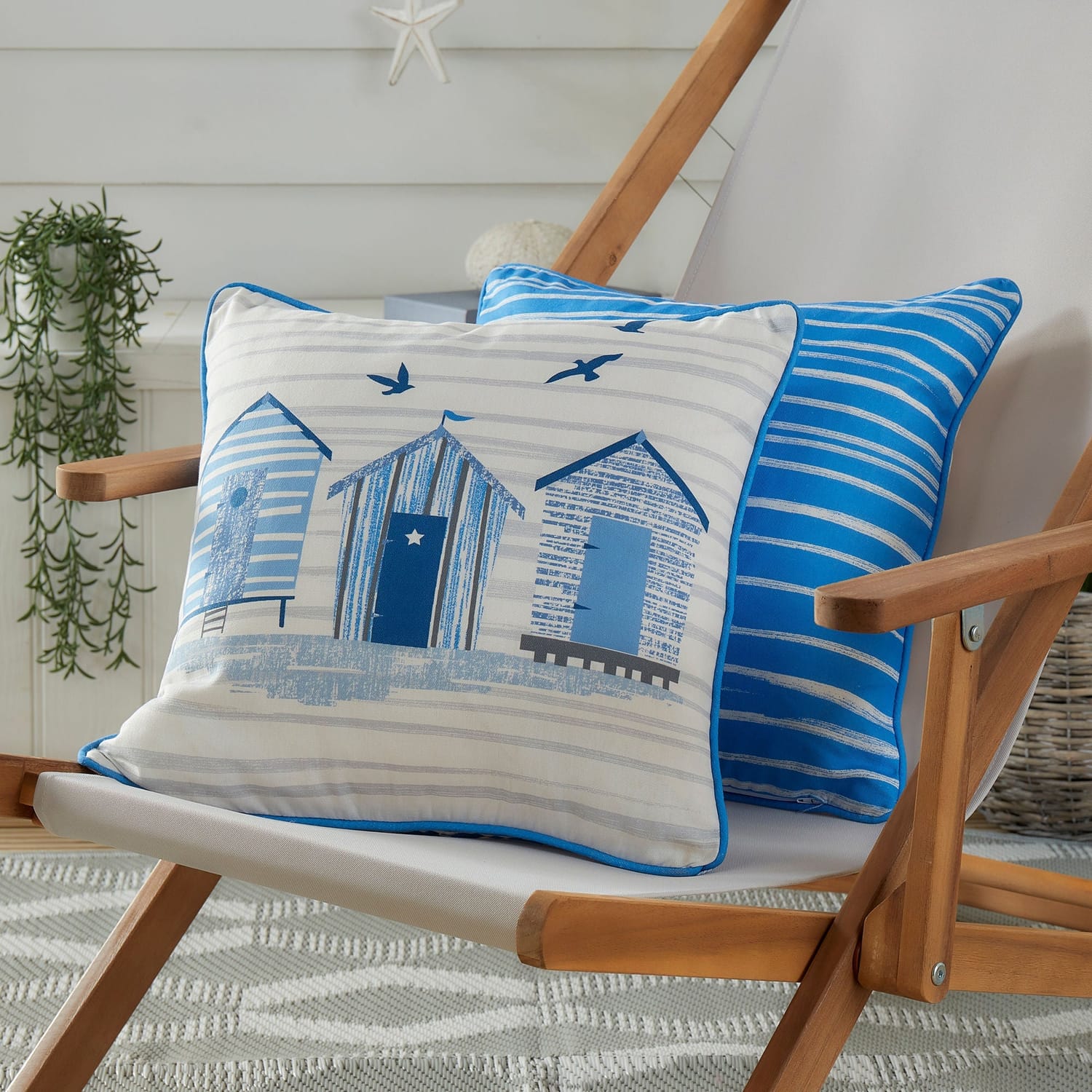 Beach Hut Outdoor Cushion Cover 43cm x 43cm - Blue