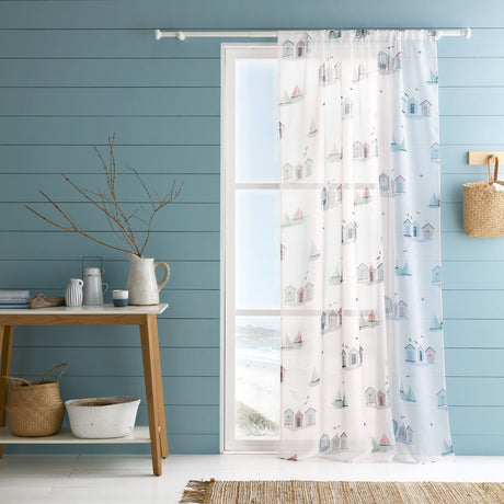 Beach Huts Slot Top Voile Curtain Panel - Blue