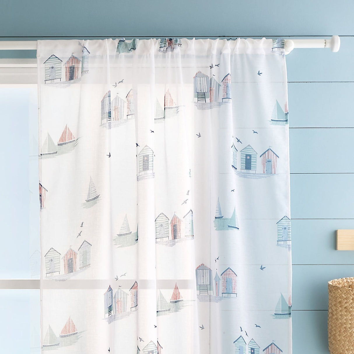 Beach Huts Slot Top Voile Curtain Panel - Blue - Beach Huts Voile Panel In Blue 2