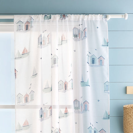 Beach Huts Slot Top Voile Curtain Panel - Blue - Beach Huts Voile Panel In Blue 2