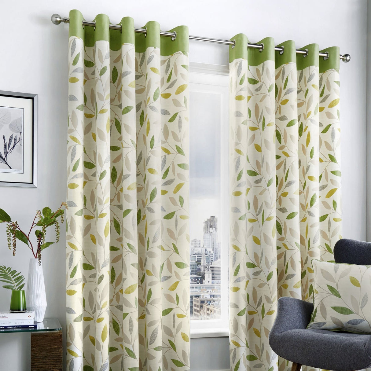 Beechwood Eyelet Curtains - Green Light Filtering Printed