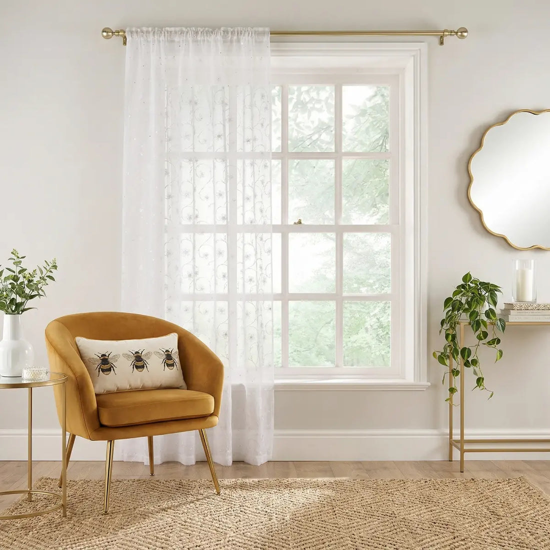 Belle Embroidered Slot Top White Voile Curtains Panel