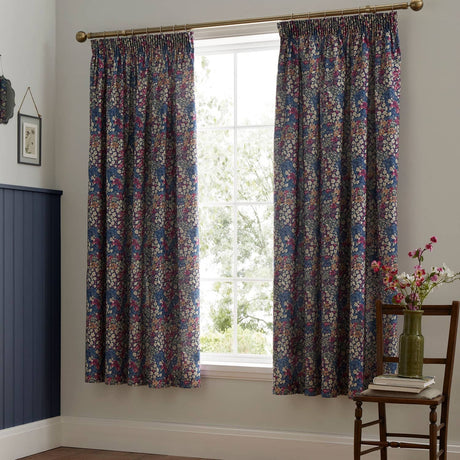 Bessie Floral Pencil Pleat Tape Top Curtains Light Filtering Polycotton - Navy