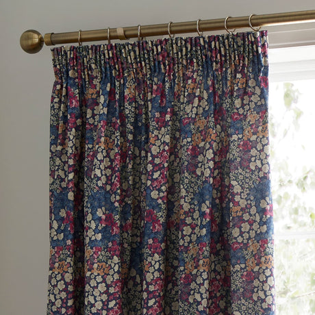 Bessie Floral Pencil Pleat Tape Top Curtains Light Filtering Polycotton - Navy - Bessie Pencil Pleat Curtains In Navy 2