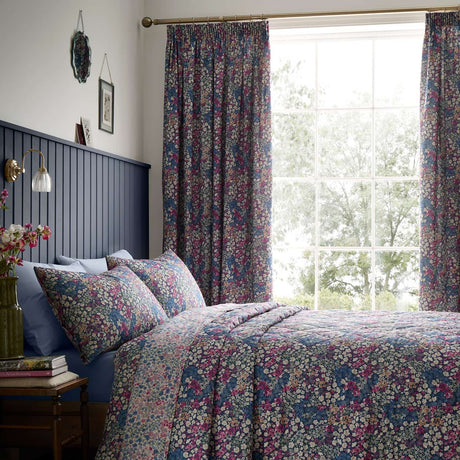 Bessie Floral Pencil Pleat Tape Top Curtains Light Filtering Polycotton - Navy - Bessie Pencil Pleat Curtains In Navy 4