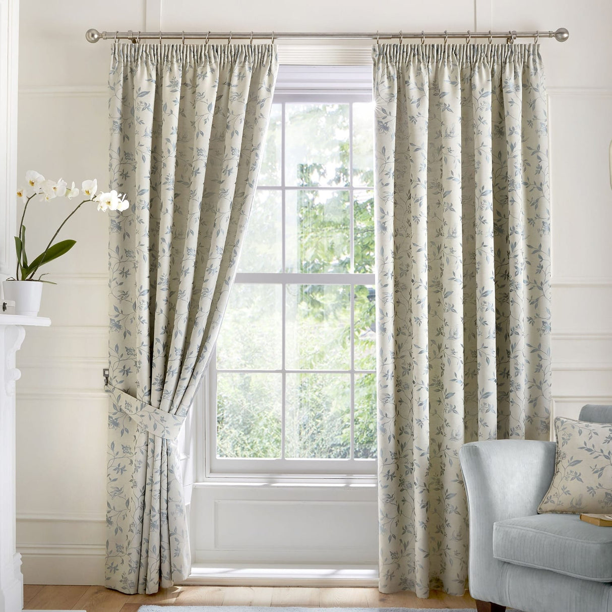 Bird Trail Jacquard Pencil Pleat Curtains Beige Thermal Light Filtering
