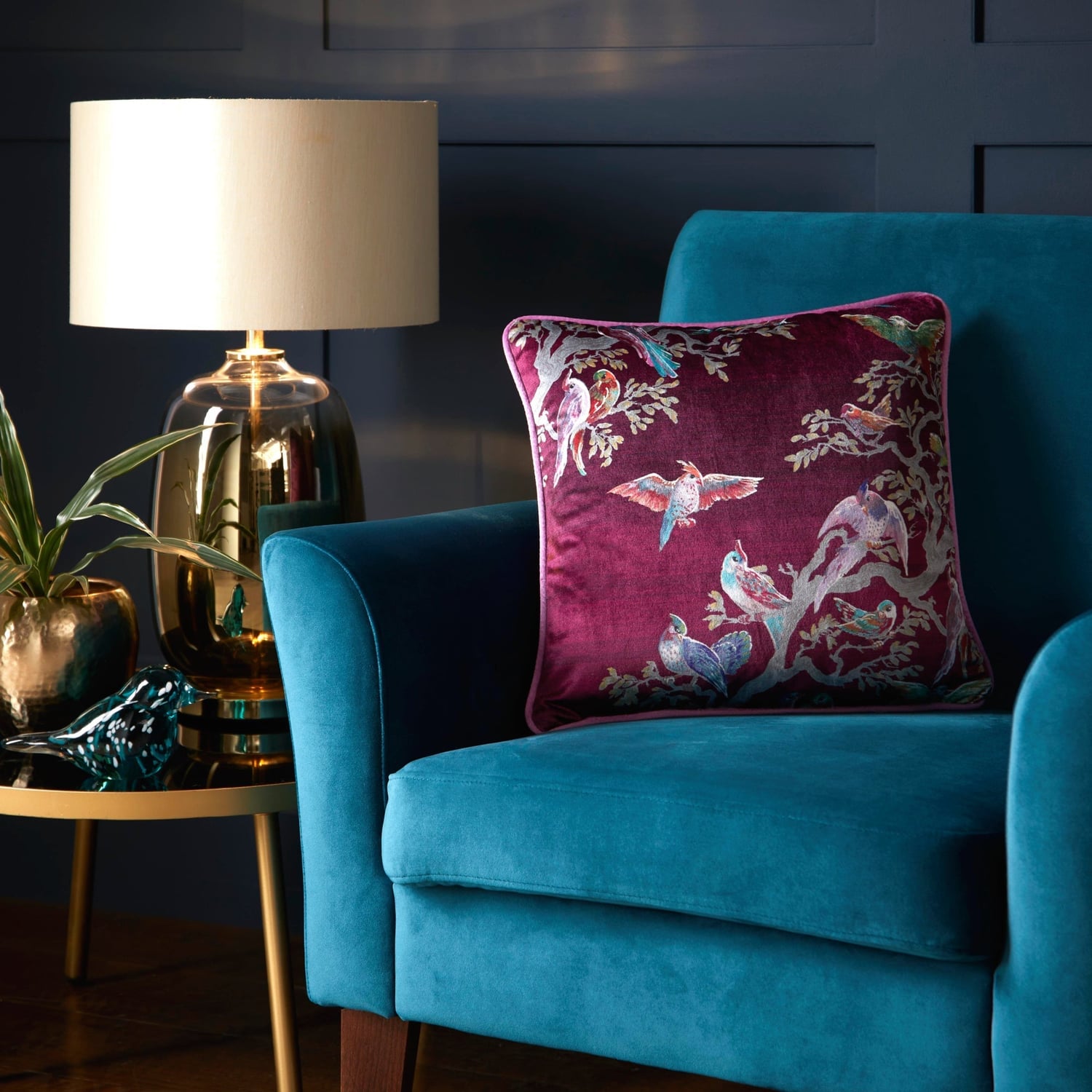Laurence Llewelyn-Bowen Birdity Absurdity Blue Pink Cushion Cover 43cm x 43cm - Pink