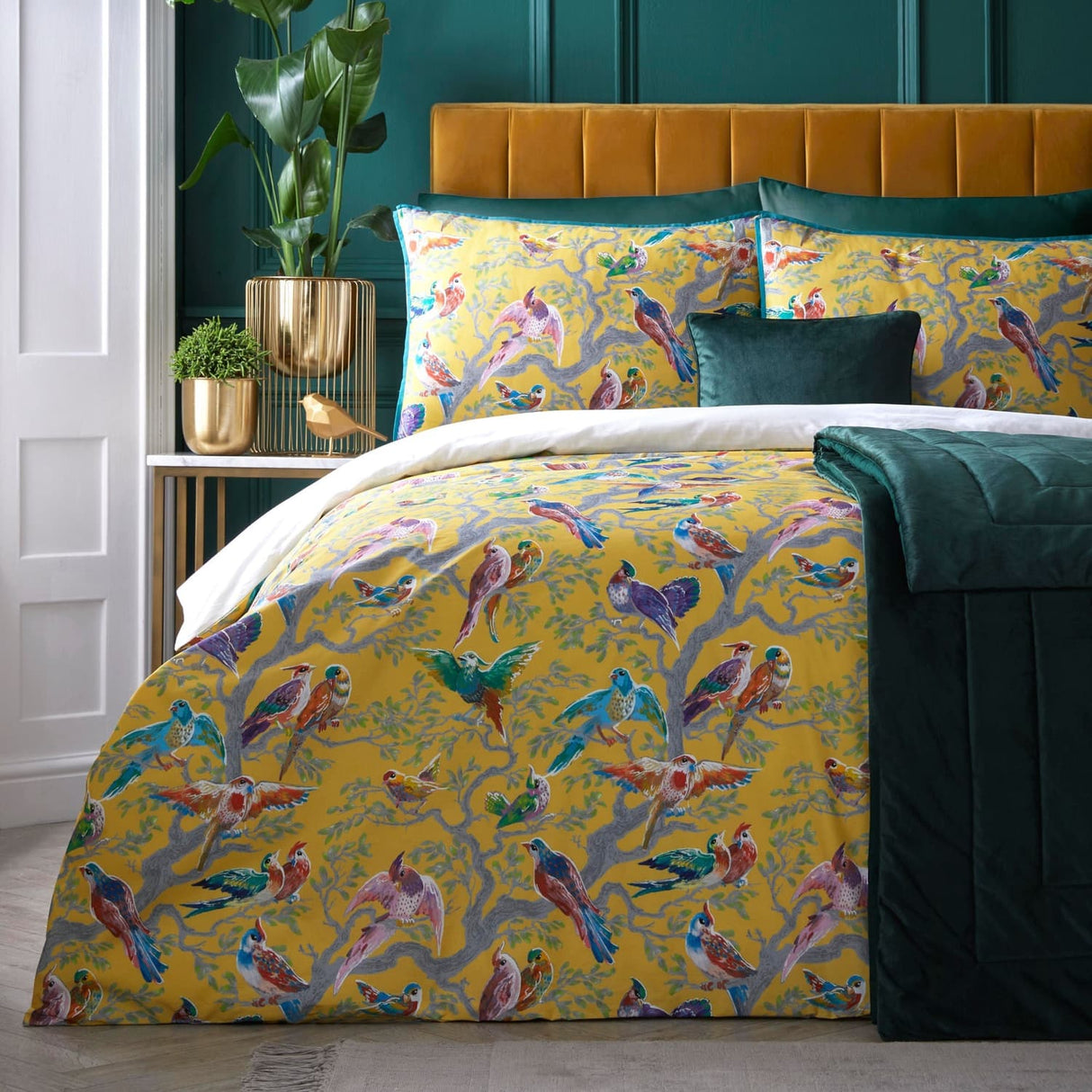 Laurence Llewelyn-Bowen Birdity Absurdity Yellow Cotton Duvet Cover Set - Yellow