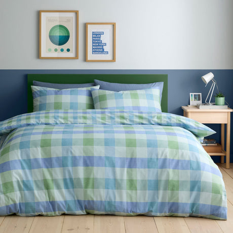 Block Check Cotton Blend Duvet Cover Set - Blue