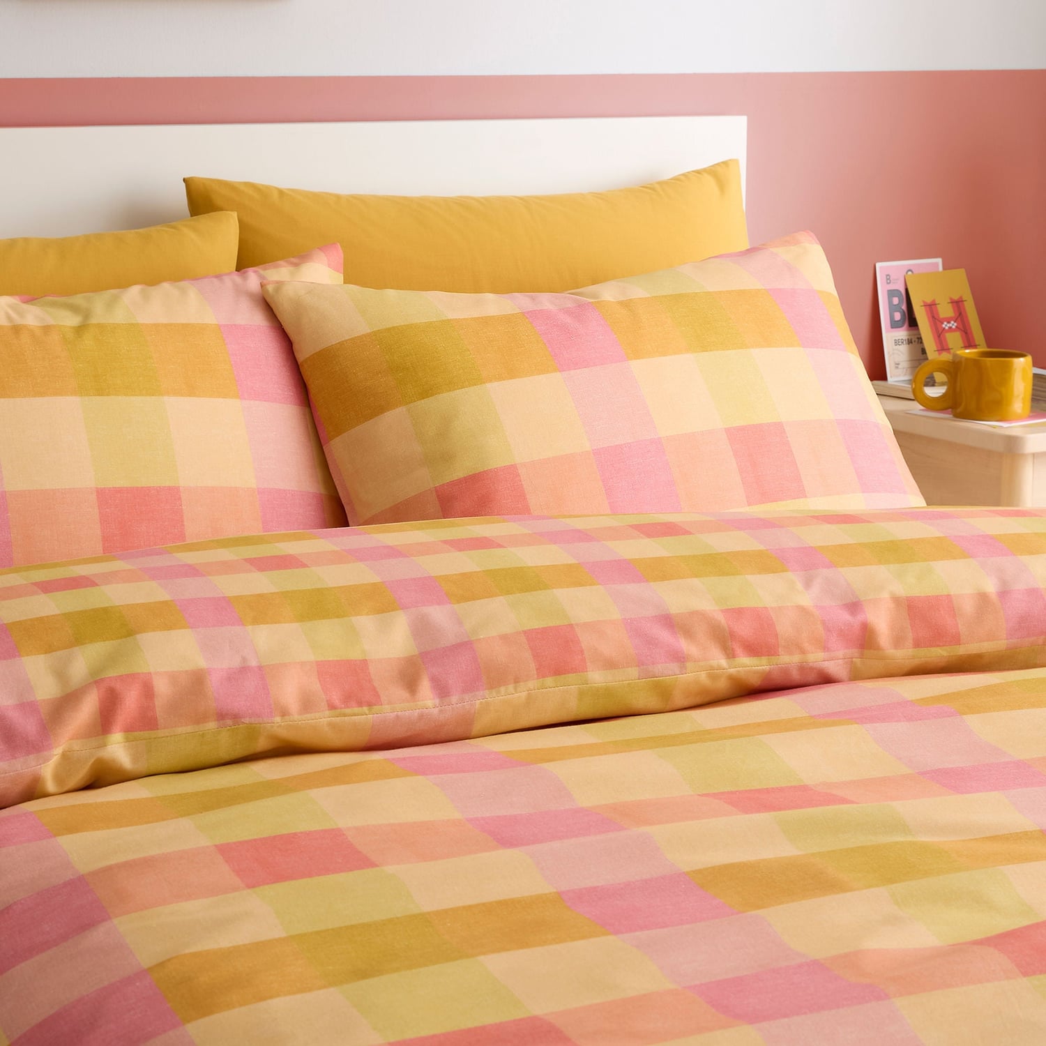 Block Check Cotton Blend Duvet Cover Set - Orange - Block Check Duvet Cover Set In Orange 2