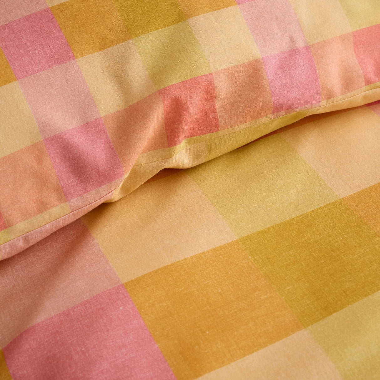 Block Check Cotton Blend Duvet Cover Set - Orange - Block Check Duvet Cover Set In Orange 3