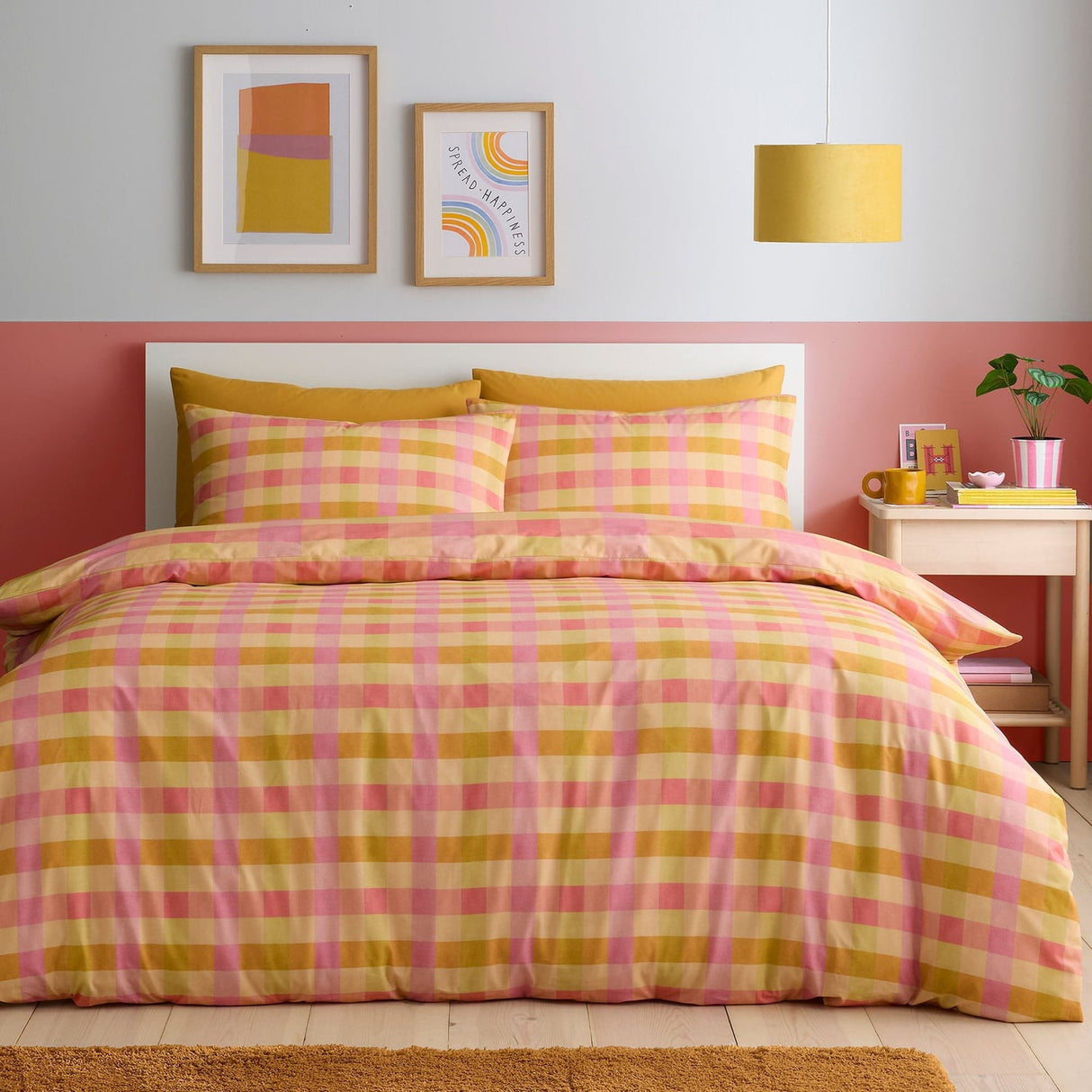 Block Check Cotton Blend Duvet Cover Set - Orange - Block Check Duvet Cover Set In Orange 4